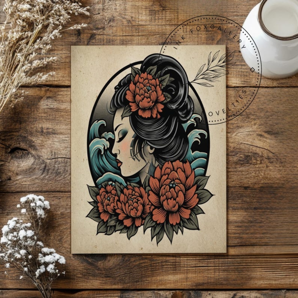Vintage Tattoo Geisha- Classic Portrait Wall Decor, Japanese Ukiyo-e Wall Art - Picture 5 of 5
